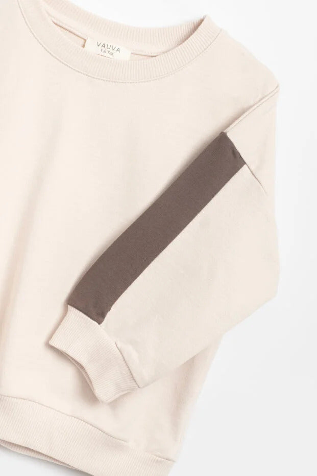 Kız Erkek Basic Şerit Detaylı Sweatshırt Takım Çocuk Takımı Bej Kahve