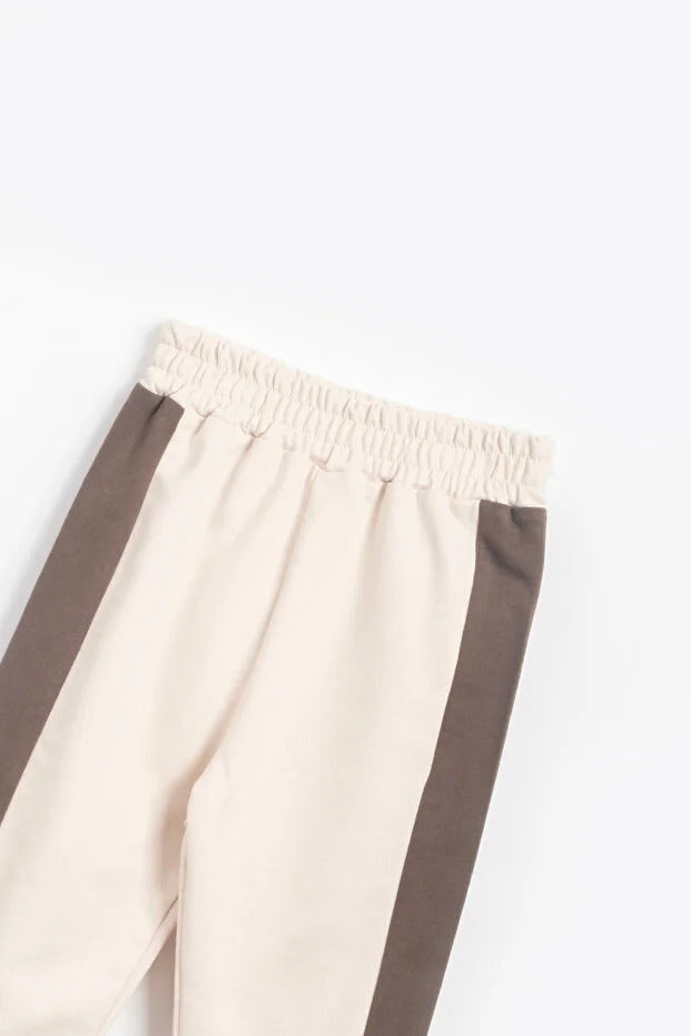 Kız Erkek Basic Şerit Detaylı Sweatshırt Takım Çocuk Takımı Bej Kahve