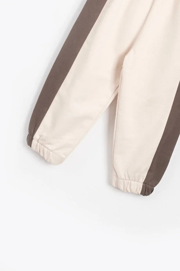 Kız Erkek Basic Şerit Detaylı Sweatshırt Takım Çocuk Takımı Bej Kahve