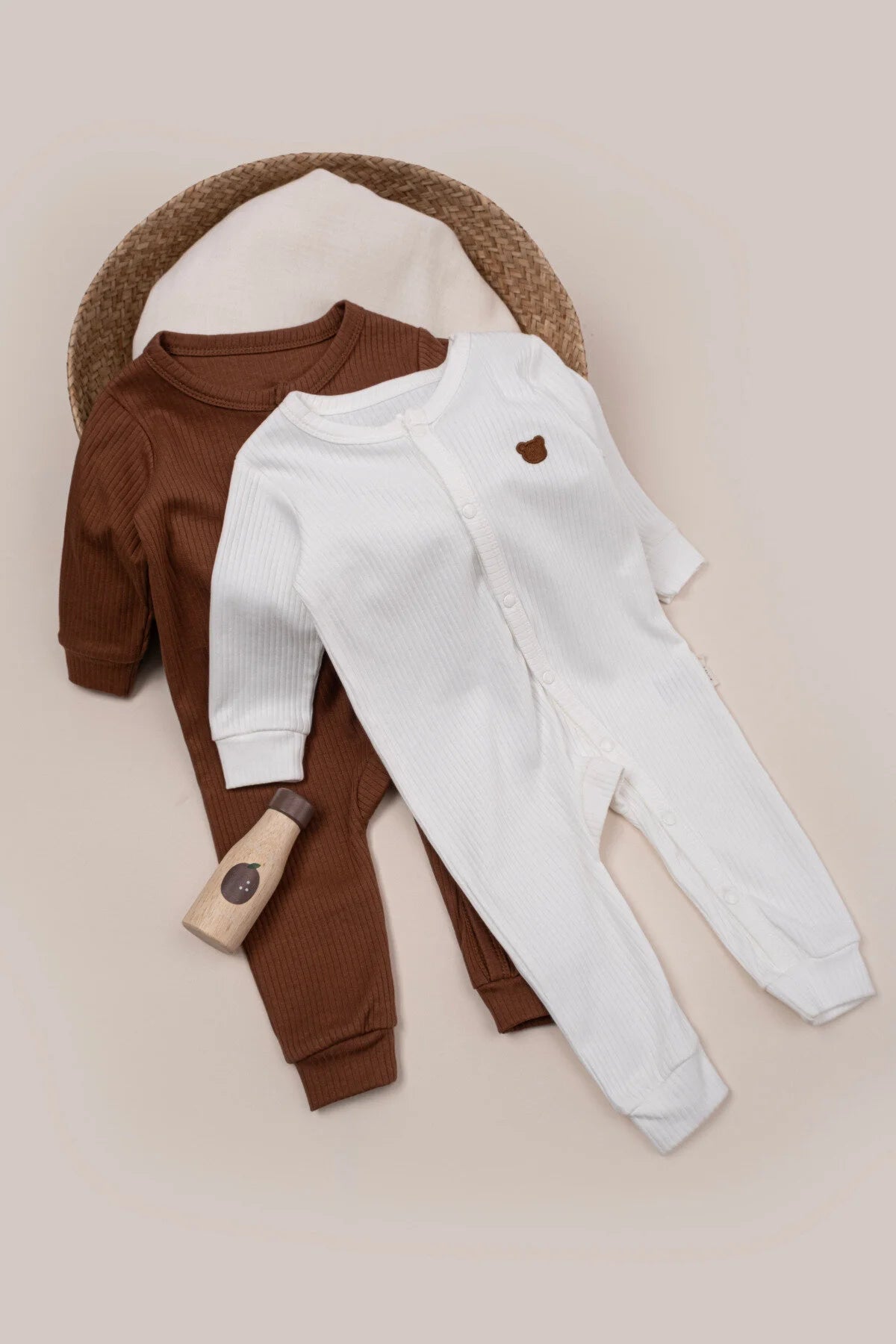 2'li Çıtçıtlı Tulum Pijama Uzun Kollu Mevsimlik Bebek Çocuk Nakışlı Tulum Kahverengi
