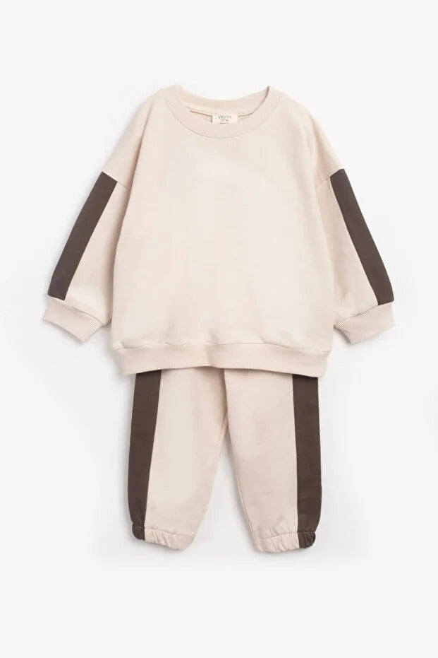 Kız Erkek Basic Şerit Detaylı Sweatshırt Takım Çocuk Takımı Bej Kahve
